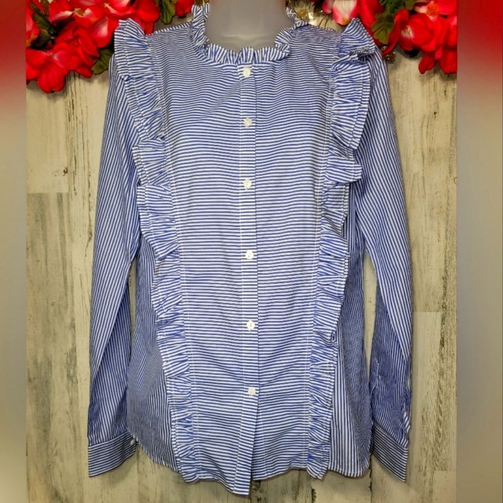 Avec Les Filles Ruffled Button Up Long Sleeve Shirt NWT